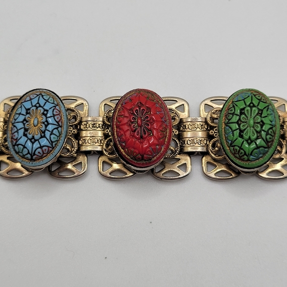 VTG Moroccan Style Multicolored Carved Cabochons Bracelet, Book Chain, Unsigned - Picture 5 of 7